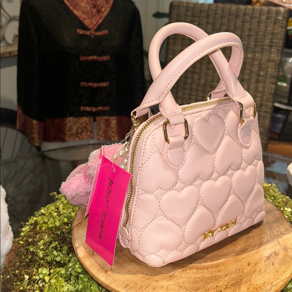 Betsey Johnson Blush Pink Heart Quilted Mini Bag with Teddy Charm 8”x 6”x 3” NWT - Picture 5 of 10